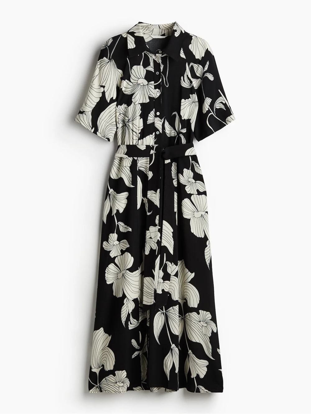 H&M Black & White Floral Tie Waist Maxi Shirt Dress | XS